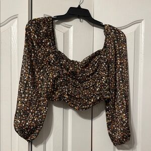 Brown and Gold Ruched Crop Blouse with Puff Sleeves